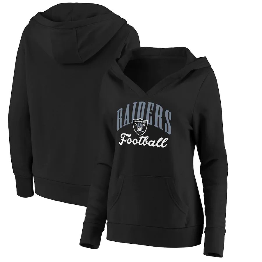 Women Oakland Raiders Fanatics Branded Black Victory Script V-Neck Pullover Hoodie.->women nfl jersey->Women Jersey